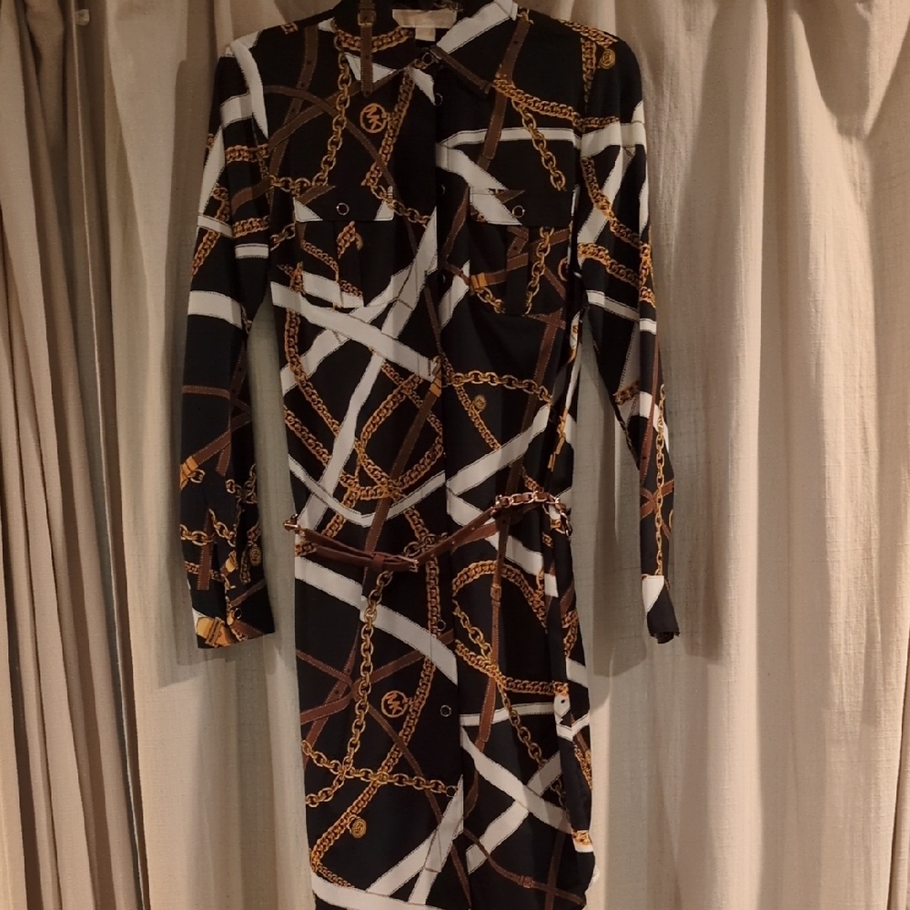 Michael Kors Black and Brown Chain Pattern Long Sleeve Dress